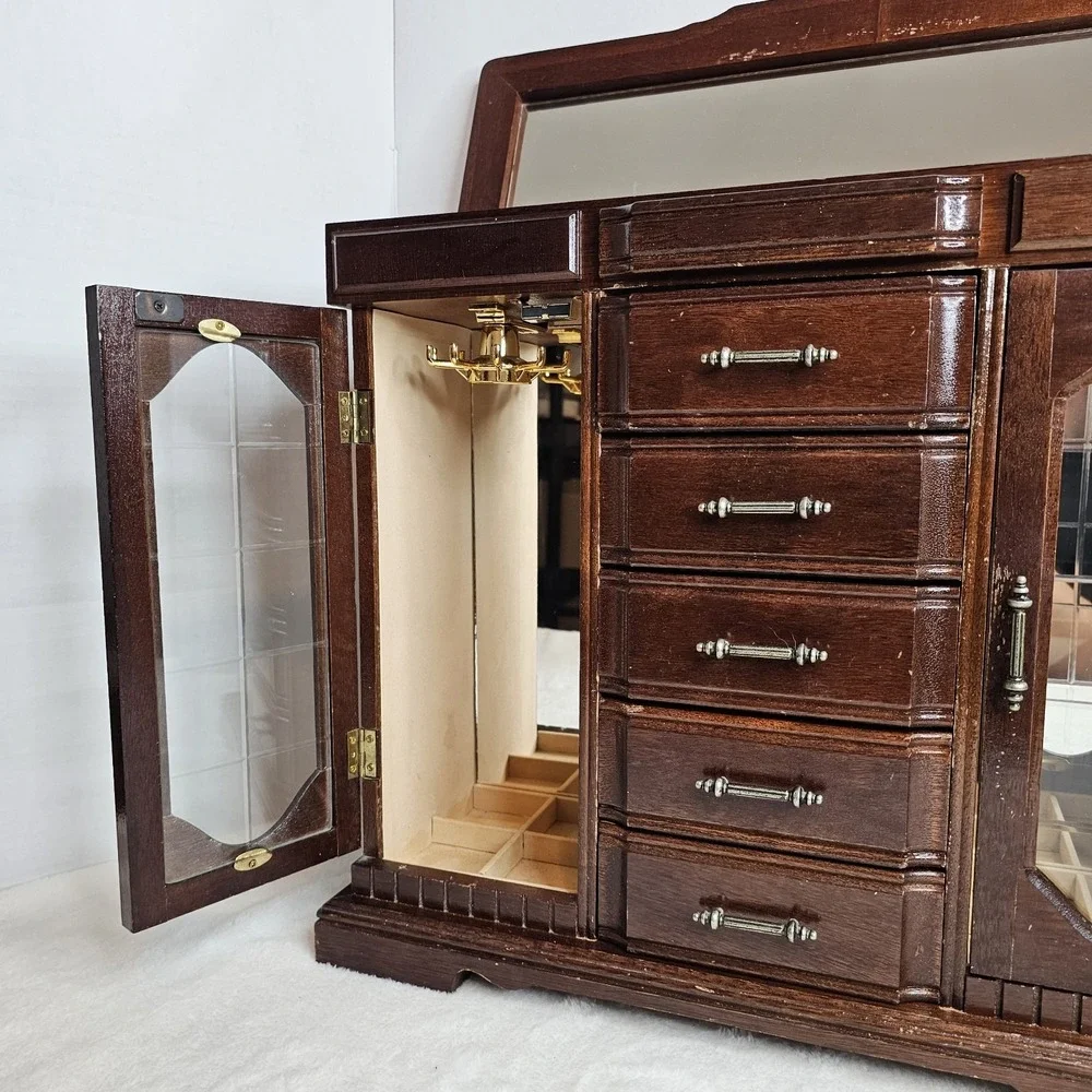 Vintage Wood Jewelry Box Brown Velvet Lined Mirror 5 Drawers Glass Doors